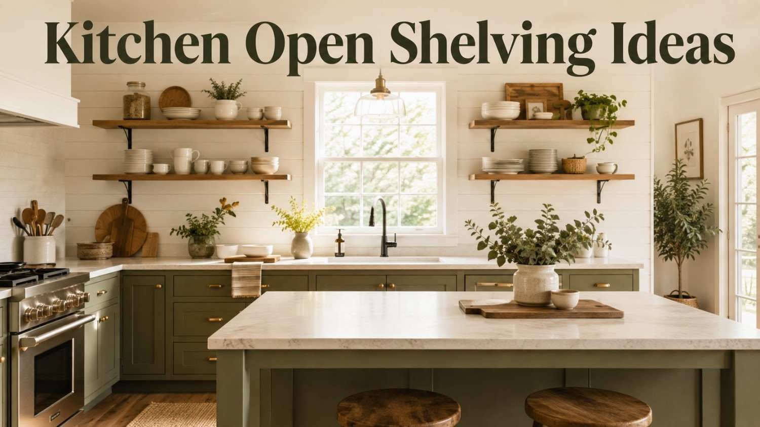 Modern farmhouse kitchen with warm white cabinets, sage green island, and open wood shelving — kitchen open shelving ideas.