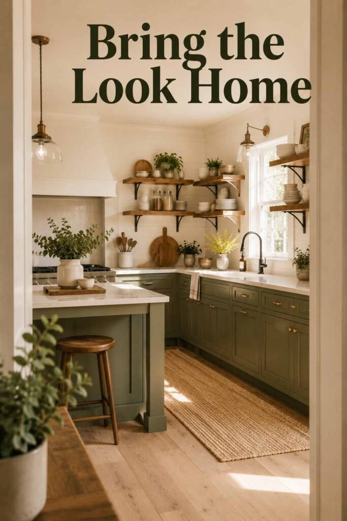Farmhouse kitchen viewed through the doorway, sage green island and open wood shelving lit by warm morning light.