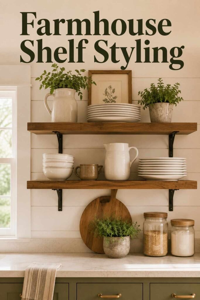 Styled open wood shelf holding white ceramic dishware and greenery, a warm farmhouse kitchen open shelving idea in action.
