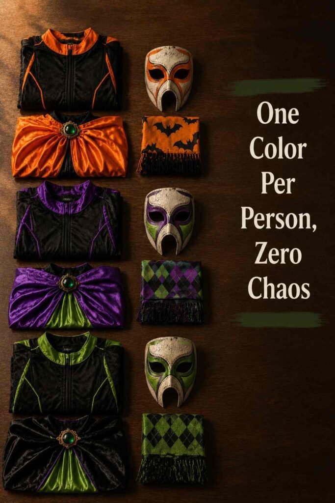 Group Halloween Costumes: 40 Creative Ideas for Every Crew Size in 2026 4 Overhead flat lay of group Halloween costumes organized by color for a large group theme.