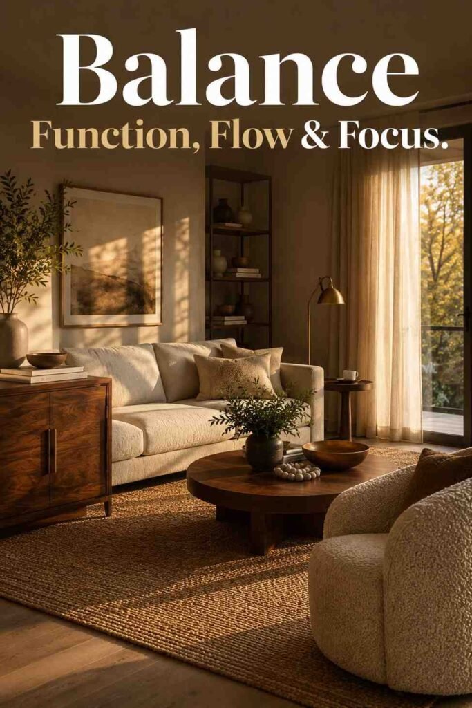 Corner view of a warm minimalist living room showing depth and flow of the furniture arrangement.
