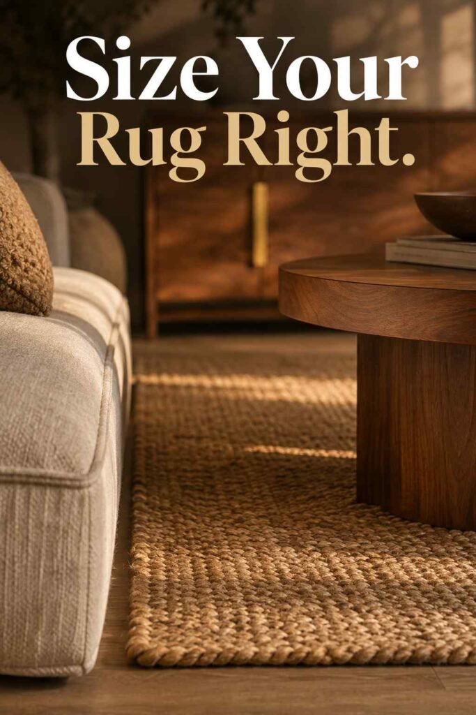 Close-up of jute rug and walnut coffee table leg showing proper rug sizing in a furniture arrangement.