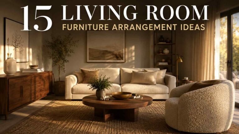 Warm minimalist living room with linen sofa, walnut coffee table, and jute rug — full living room furniture arrangement.