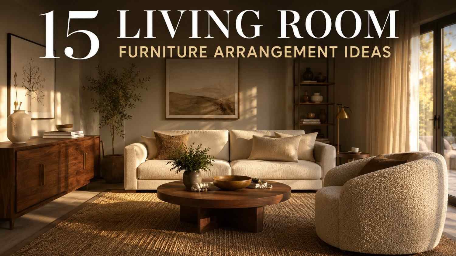 Warm minimalist living room with linen sofa, walnut coffee table, and jute rug — full living room furniture arrangement.