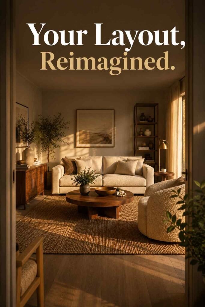 Living room furniture arrangement viewed through a doorway, showing the full styled layout.