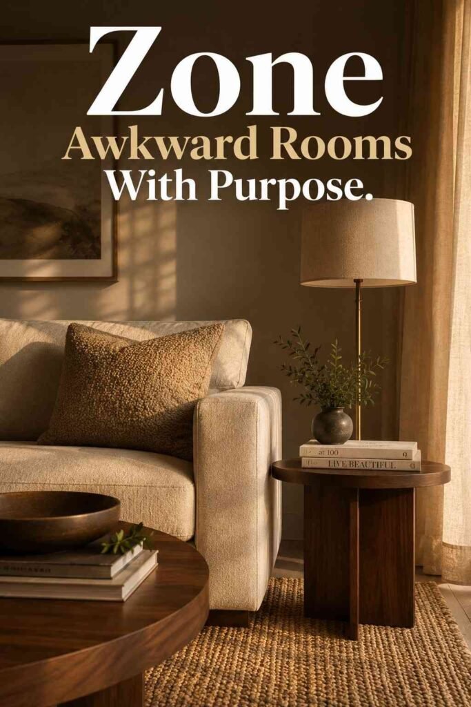 Styled sofa and side table vignette illustrating zoning in a living room furniture arrangement.