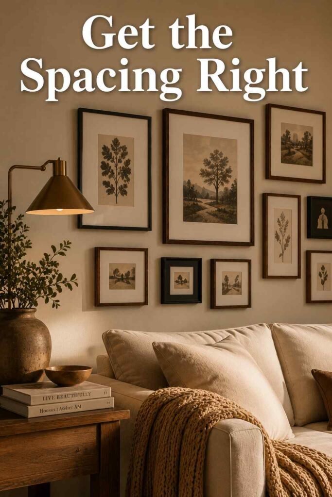 Close-up of evenly spaced walnut picture frames with visible matting — living room gallery wall ideas.