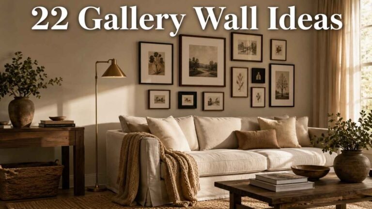 Warm minimalist living room with walnut-framed gallery wall above a linen sofa — living room gallery wall ideas.