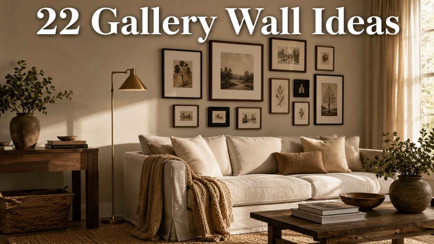 Warm minimalist living room with walnut-framed gallery wall above a linen sofa — living room gallery wall ideas.