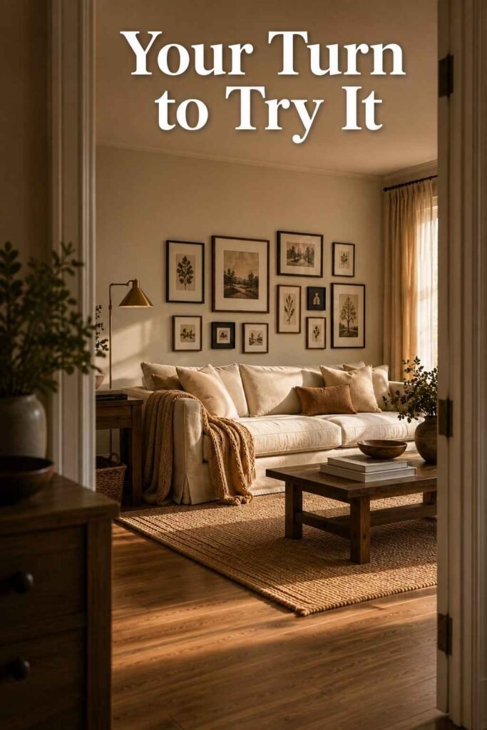 Living room gallery wall framed through a doorway from across the room — living room gallery wall ideas.