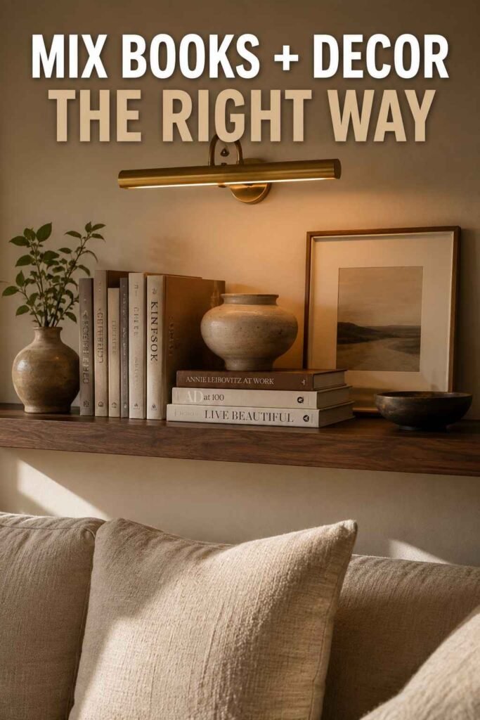 Vibrant 15 Living Room Shelf Decor Ideas to Transform Your Space 3 Styled shelf vignette with stacked books and ceramic vase — living room shelf decor idea grouping.