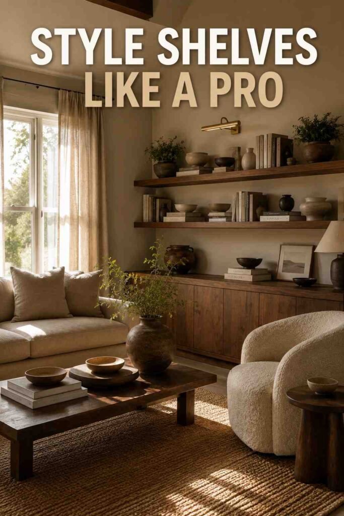 Vibrant 15 Living Room Shelf Decor Ideas to Transform Your Space 2 Corner view of walnut shelving and linen sofa — living room shelf decor ideas with depth and layered styling