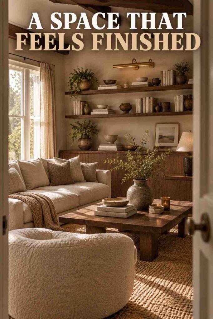 Vibrant 15 Living Room Shelf Decor Ideas to Transform Your Space 5 Living room shelving viewed through a doorway — finished living room shelf decor idea from across the room.