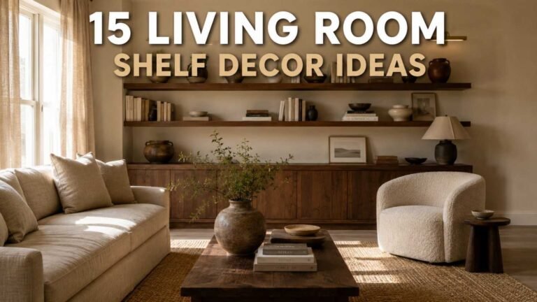 Warm minimalist living room with walnut floating shelves — living room shelf decor ideas in oat and walnut tones.