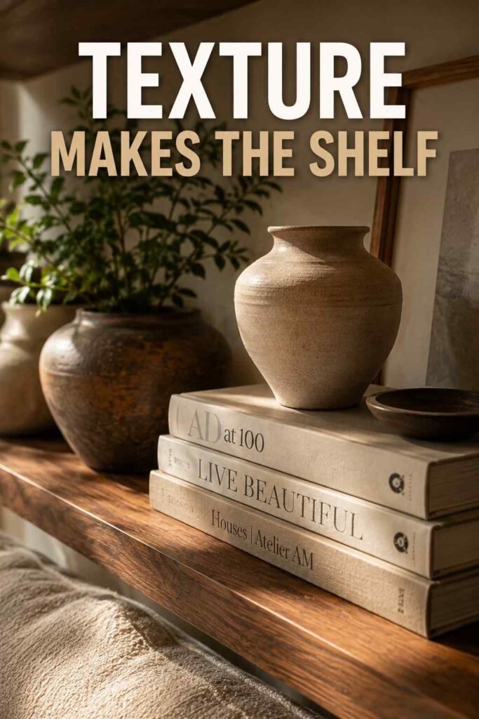 Vibrant 15 Living Room Shelf Decor Ideas to Transform Your Space 4 Close-up of brass, ceramic, and walnut textures on a styled shelf — living room shelf decor idea detail.
