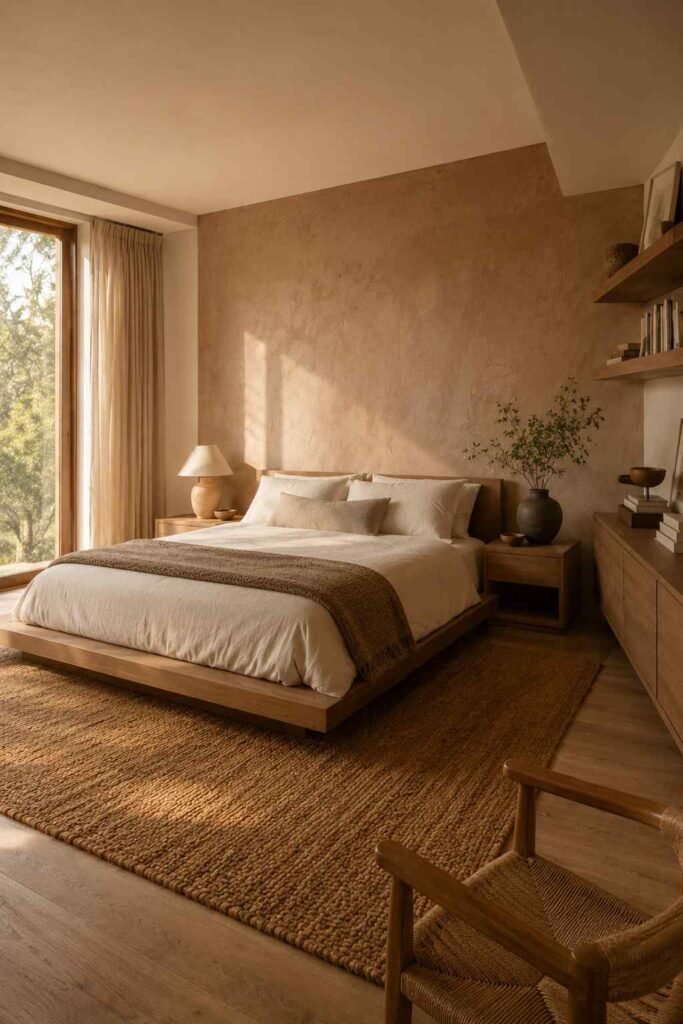 Space-Saving 15 Minimalist Bedroom Ideas for a Calm, Clutter-Free Retreat in 2026 2 Corner view of a minimalist bedroom with clay accent wall, oak bed, and jute rug — minimalist bedroom idea.