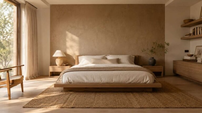 Warm minimalist bedroom with oak platform bed, linen bedding, and morning light — minimalist bedroom idea.