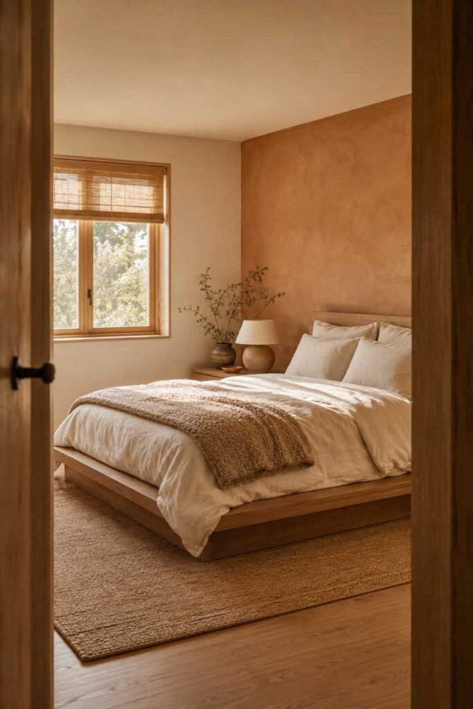 Space-Saving 15 Minimalist Bedroom Ideas for a Calm, Clutter-Free Retreat in 2026 5 Minimalist bedroom viewed through the doorway with warm white walls and oak furniture — bedroom idea.