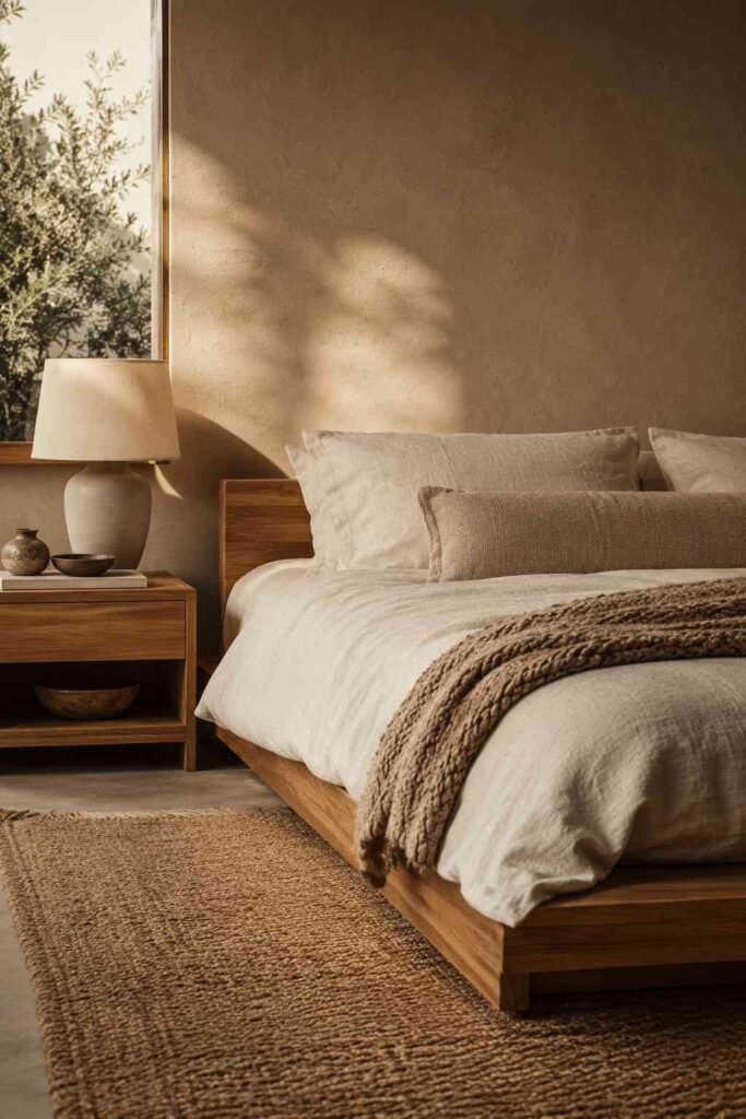 Space-Saving 15 Minimalist Bedroom Ideas for a Calm, Clutter-Free Retreat in 2026 4 Bed and nightstand vignette with ceramic lamp and linen bedding in a minimalist bedroom idea.