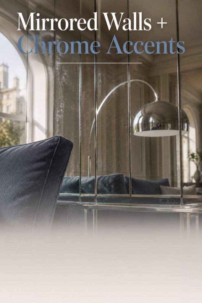 Close-up of mirrored wall panels reflecting a chrome floor lamp and window light.