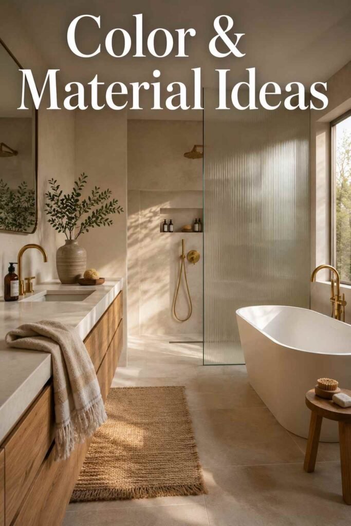 Inspiring 22 Modern Bathroom Ideas to Transform Your Space in 2026 2 Corner view of a modern bathroom with honed stone counters and brushed brass fixtures showing depth and layout.