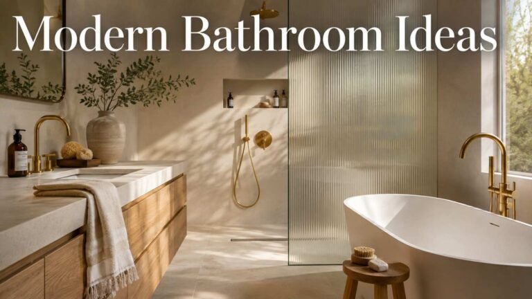 Warm white bathroom with brushed brass fixtures and floating oak vanity — a modern bathroom idea in soft morning light.