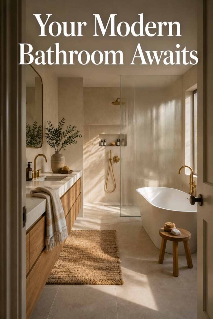 Inspiring 22 Modern Bathroom Ideas to Transform Your Space in 2026 5 View through a doorway into a warm white modern bathroom with brass fixtures and a freestanding tub.