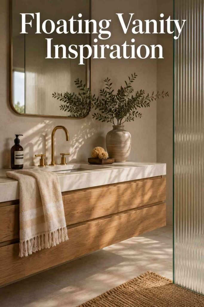 Inspiring 22 Modern Bathroom Ideas to Transform Your Space in 2026 4 Floating oak vanity with brushed brass faucet and round mirror in a warm white modern bathroom.