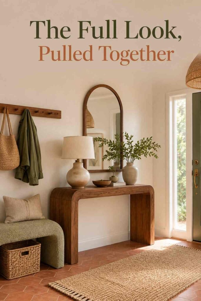 Finished editorial view of a styled entryway with a walnut console, arched mirror, and sage-green front door bathed in morning light.