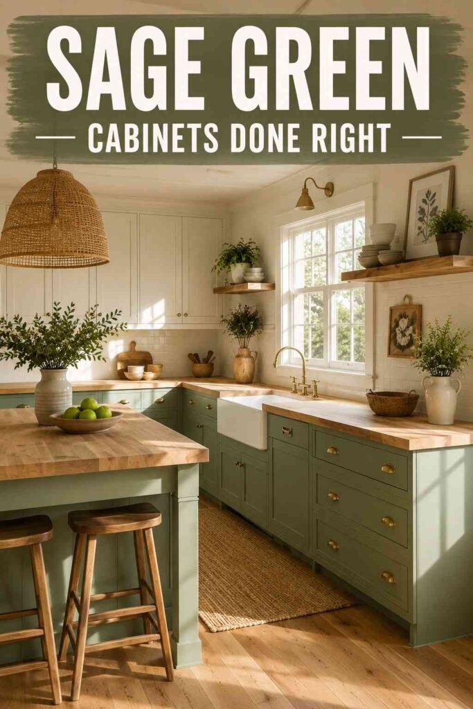 Corner view of sage cabinets, oak island, and open wood shelving in a modern farmhouse kitchen.