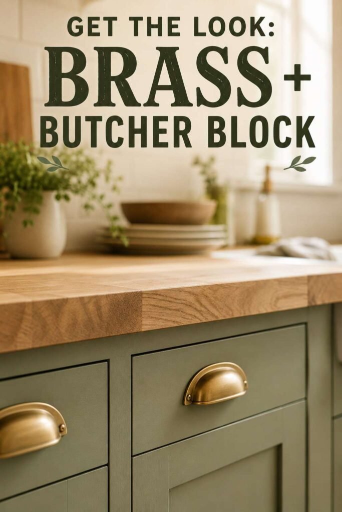 Close-up of brass cup pulls on sage green cabinetry beside a butcher block countertop edge.