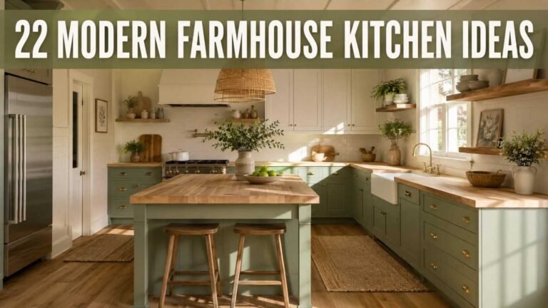 Sage green and warm white farmhouse kitchen with brass hardware and apron sink, a modern farmhouse kitchen idea.