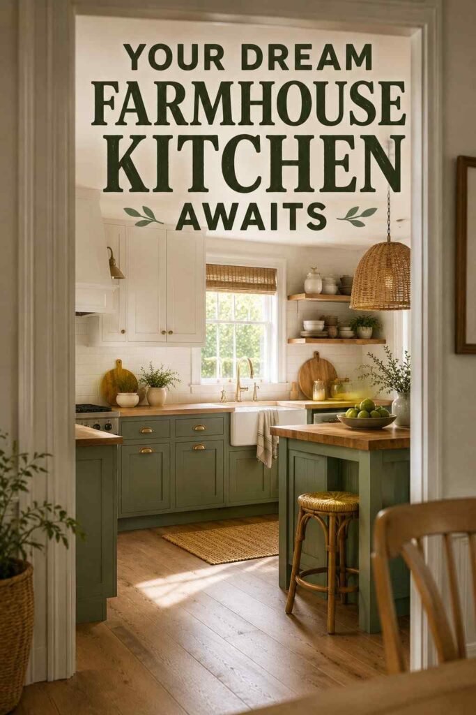Modern farmhouse kitchen viewed through the doorway, showing sage island and warm pendant light.