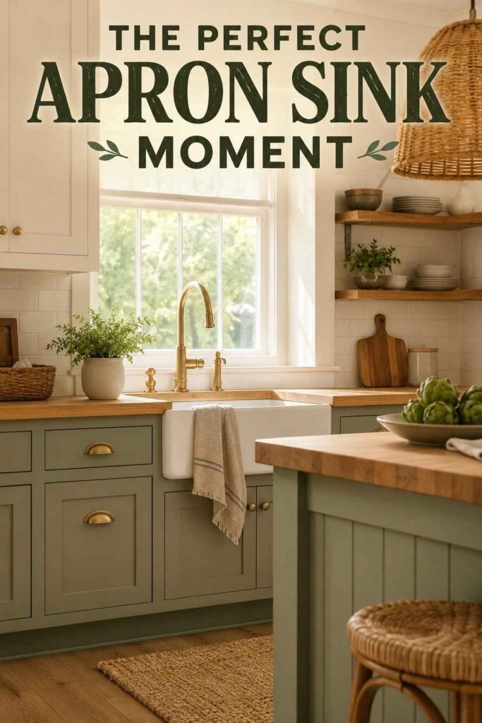 Apron sink styled with linen towel and brass gooseneck faucet under a farmhouse kitchen window.