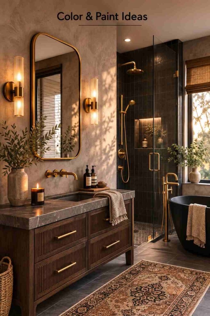 Exquisite 25 Moody Bathroom Ideas to Turn Your Bathroom Into a Dark, Luxe Retreat 2 Corner view of dark plaster bathroom wall with brass sconces — moody bathroom ideas in charcoal.
