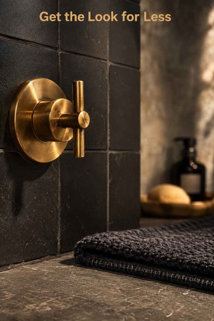 Exquisite 25 Moody Bathroom Ideas to Turn Your Bathroom Into a Dark, Luxe Retreat 4 Close-up of brass faucet and woven bath mat on stone floor — moody bathroom material details.