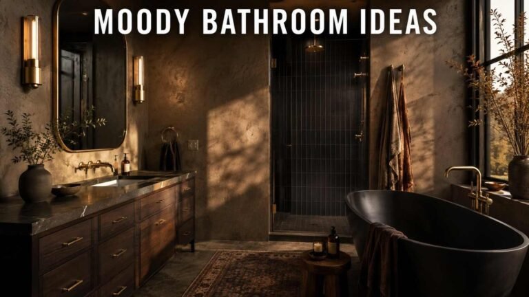 Charcoal and brass bathroom with soaking tub and plaster walls — moody bathroom ideas hero shot.