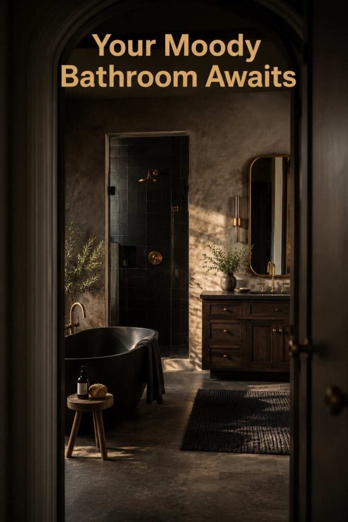 Exquisite 25 Moody Bathroom Ideas to Turn Your Bathroom Into a Dark, Luxe Retreat 5 Bathroom viewed through open doorway with soaking tub and dark tile — moody bathroom idea.