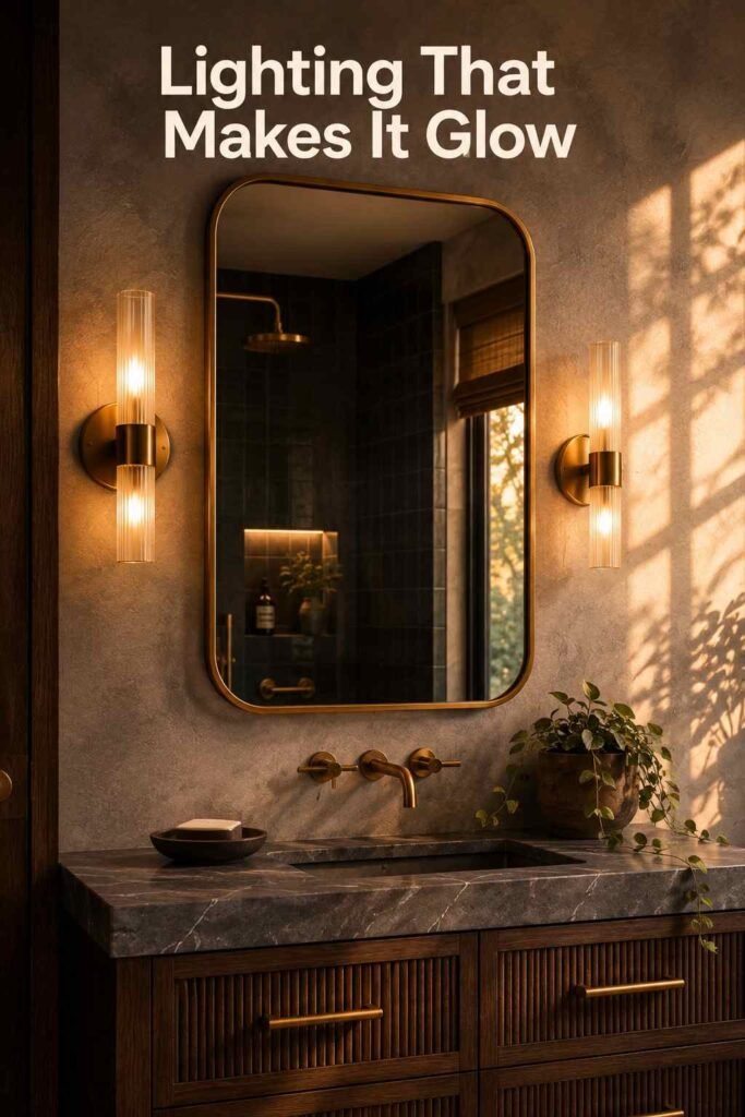 Exquisite 25 Moody Bathroom Ideas to Turn Your Bathroom Into a Dark, Luxe Retreat 3 Brass sconces flanking a mirror above a dark stone vanity — moody bathroom lighting idea.