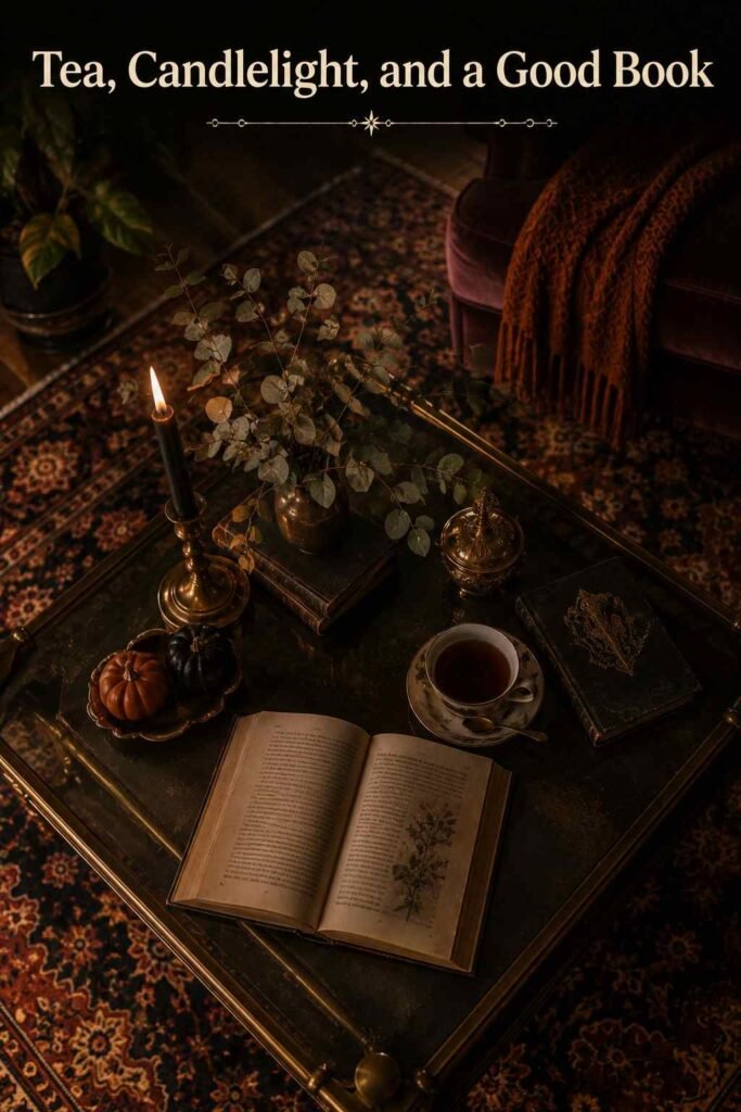 Halloween Aesthetic: 12 Iconic Ideas to Style Your Spookiest Season Yet 6 Overhead view of a brass-trimmed coffee table styled with a lit candle, an open book, a teacup, and dried eucalyptus.