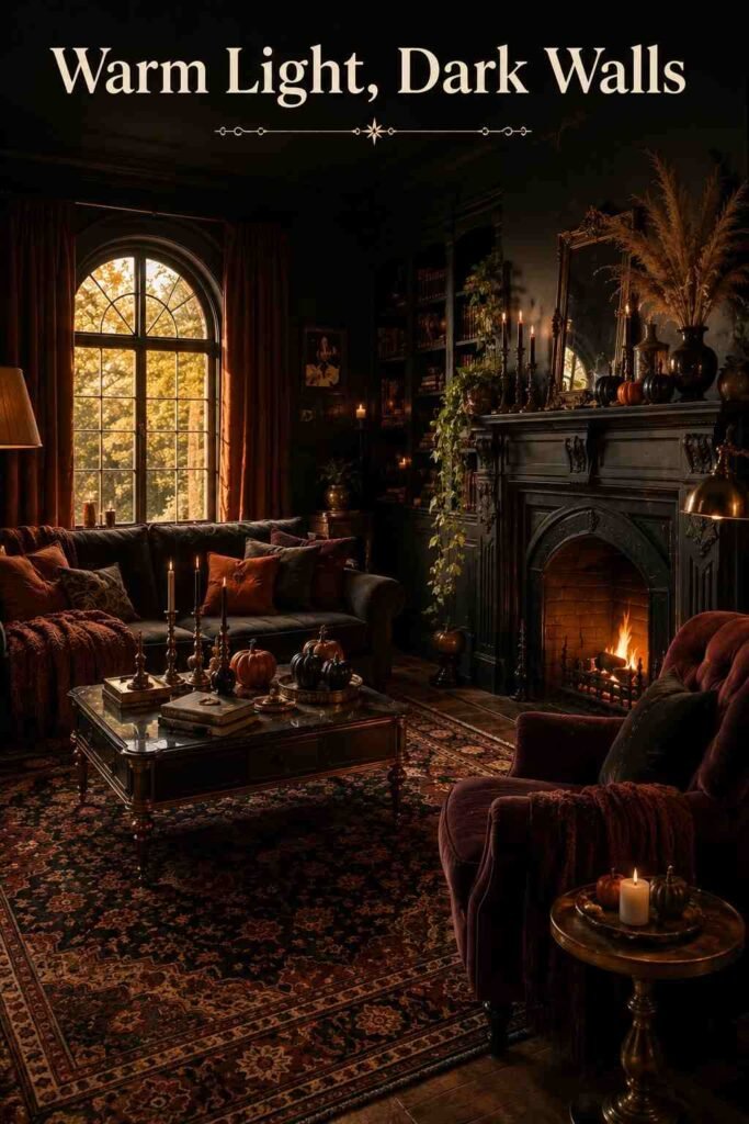 Halloween Aesthetic: 12 Iconic Ideas to Style Your Spookiest Season Yet 3 Living room viewed from beside the fireplace, showing a velvet armchair, bookshelves, and afternoon light through an arched window.