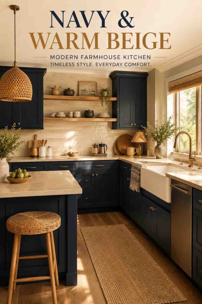 Corner view of navy kitchen cabinets meeting white oak shelving and brass fixtures in a farmhouse kitchen.