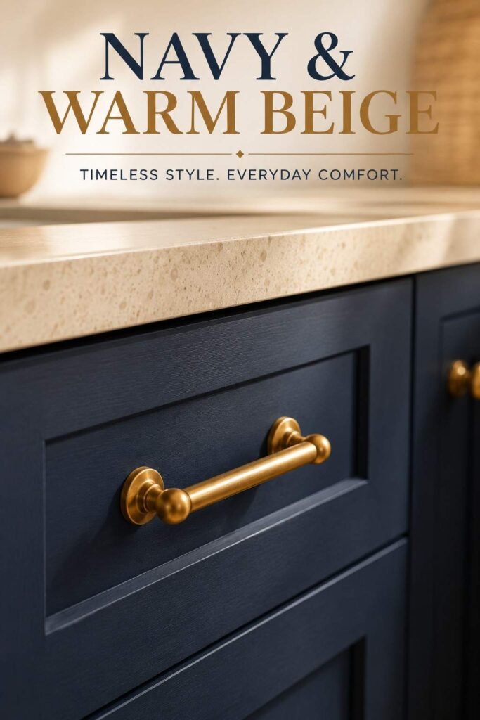 Close-up of brass cabinet pull on navy shaker cabinet door showing paint texture and hardware finish.