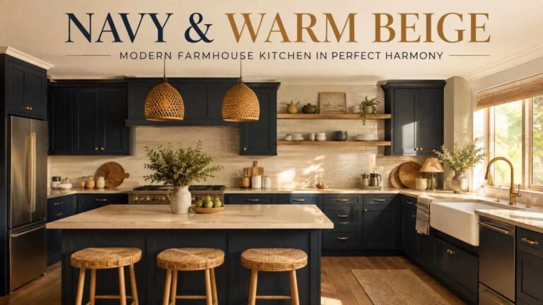 Modern farmhouse kitchen with navy shaker cabinets, oak shelving, and brass hardware — navy kitchen cabinet ideas.
