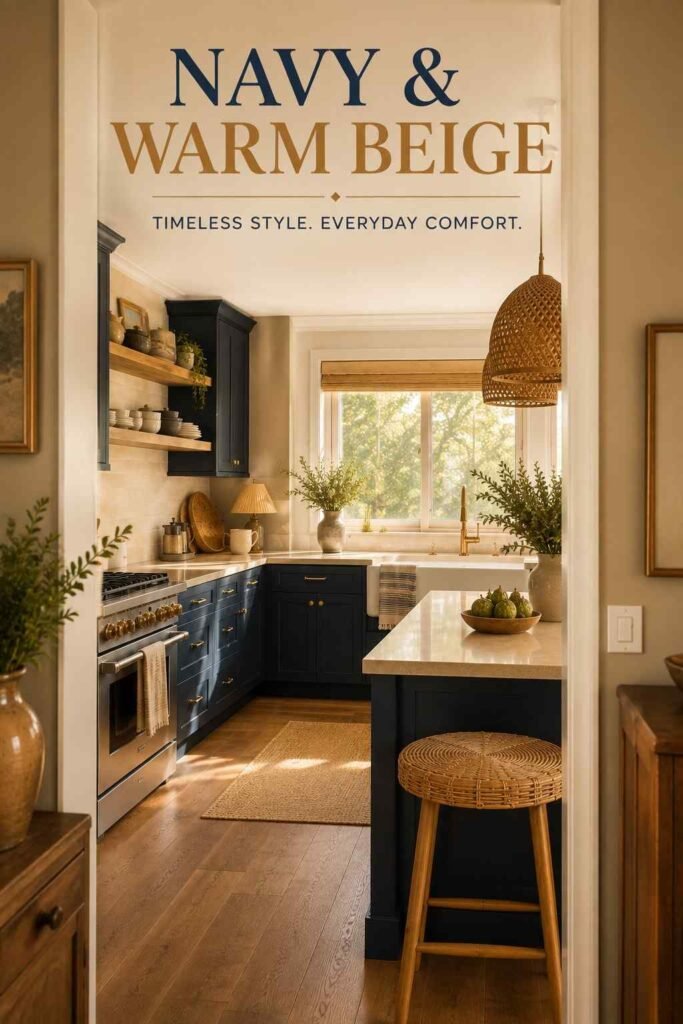 Modern farmhouse navy kitchen viewed through the doorway, showing cabinets, island, and oak shelving.