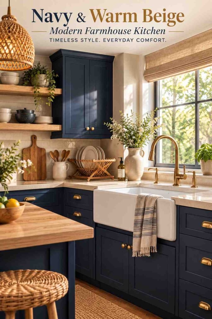 Styled farmhouse sink zone with navy cabinets, linen towel, and ceramic dishware in a navy kitchen idea.