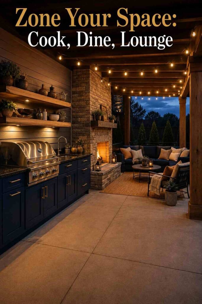 Cozy 25 Covered Outdoor Kitchen with Fireplace and Seating Area Ideas for Every Backyard Style 2 Corner view of a covered patio showing an outdoor kitchen, stone fireplace, and lounge area in sequence.