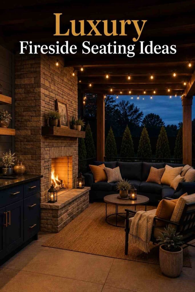 Cozy 25 Covered Outdoor Kitchen with Fireplace and Seating Area Ideas for Every Backyard Style 4 Navy sectional sofa with amber throw pillows next to a glowing stone fireplace on a covered patio.