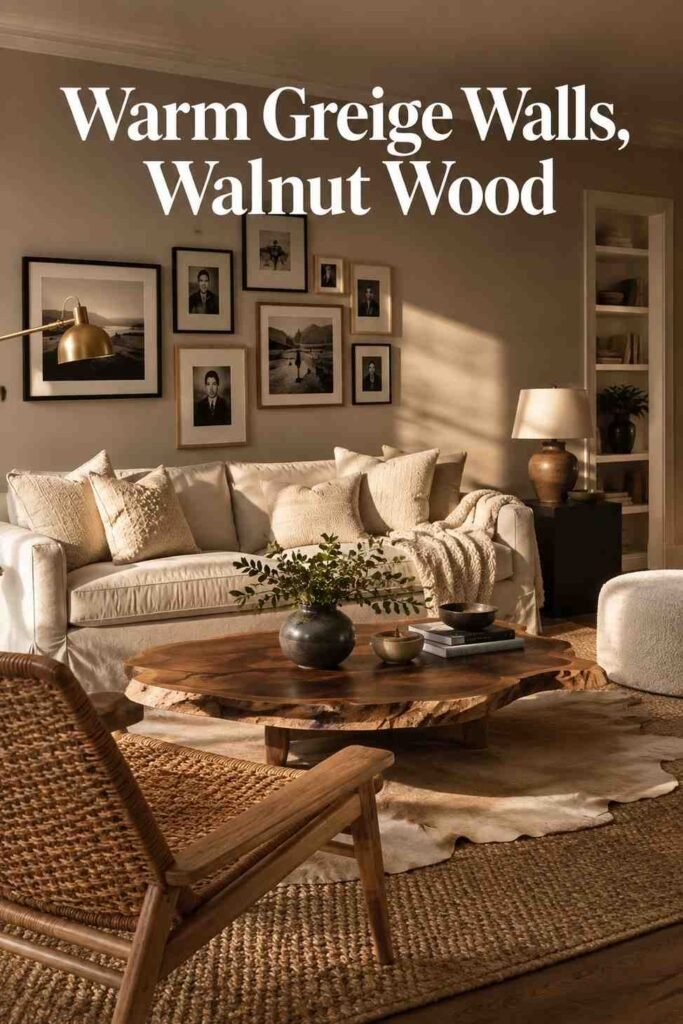 Magical 17 Neutral Living Room Ideas to Create a Warm, Timeless Space in 2026 2 Corner view of greige walls, walnut furniture, and layered rugs in a neutral living room idea.