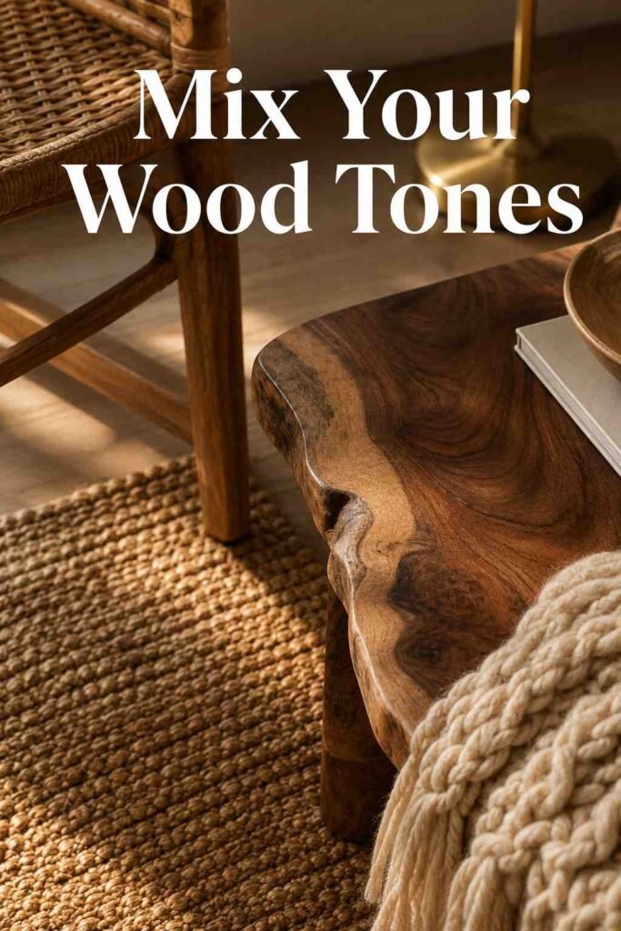 Magical 17 Neutral Living Room Ideas to Create a Warm, Timeless Space in 2026 4 Close-up of walnut wood grain, rattan, and wool throw texture in a neutral living room idea.